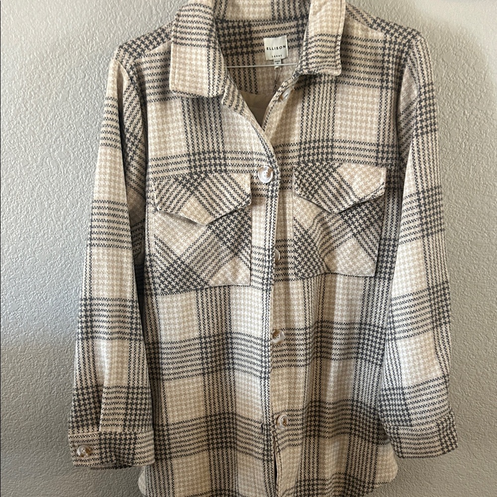 Ellison Neutral Plaid Button-Front Shacket in Bei… - image 1